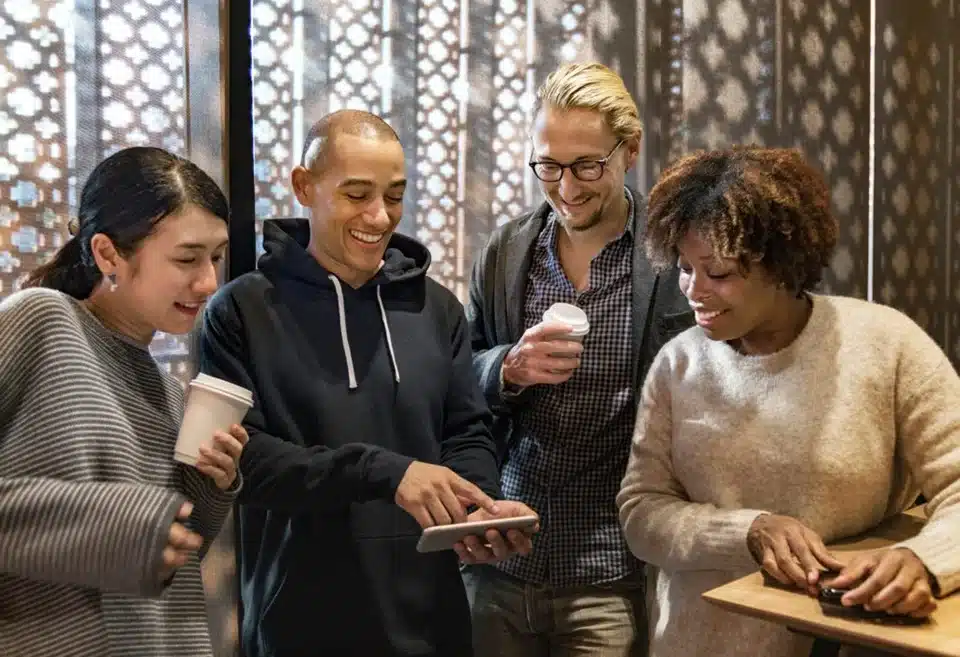 Four people looking at a phone