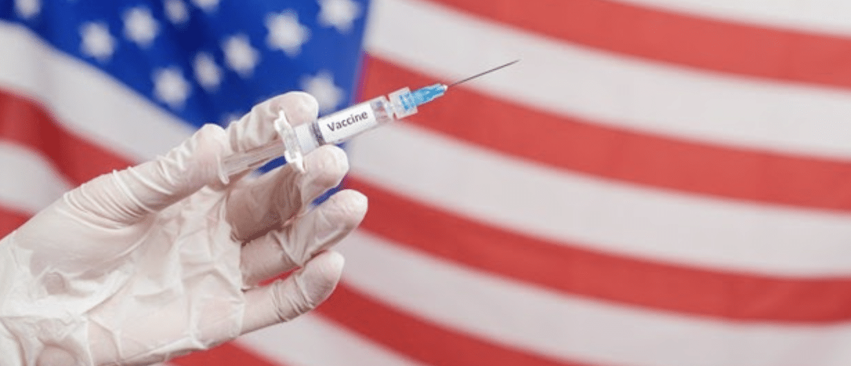vaccine in front of the american flag
