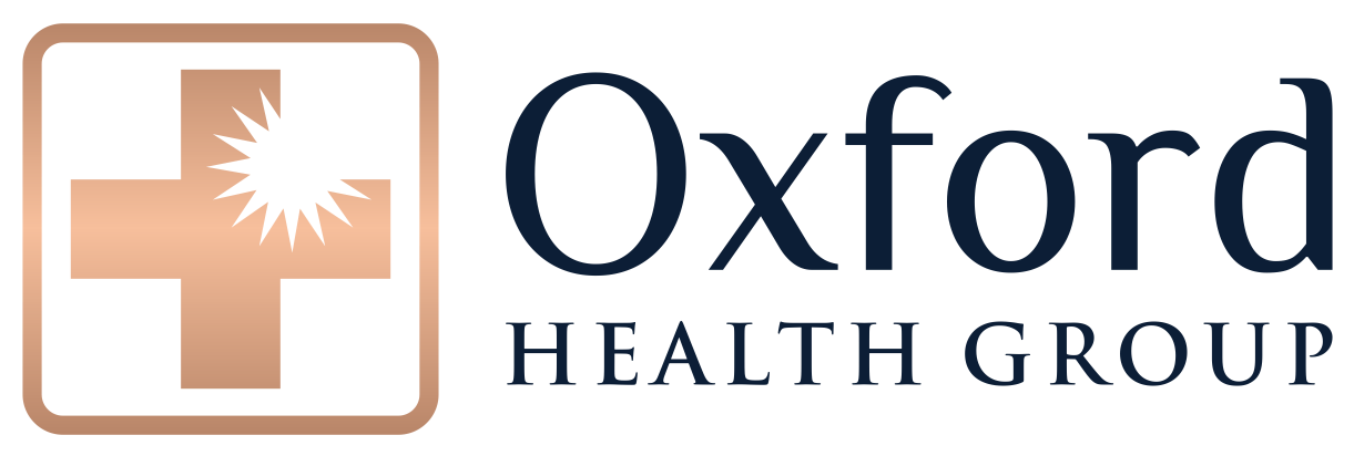 Oxford Health Group Logo: A modern medical cross in a square frame next to the company name. Healthcare provider.
