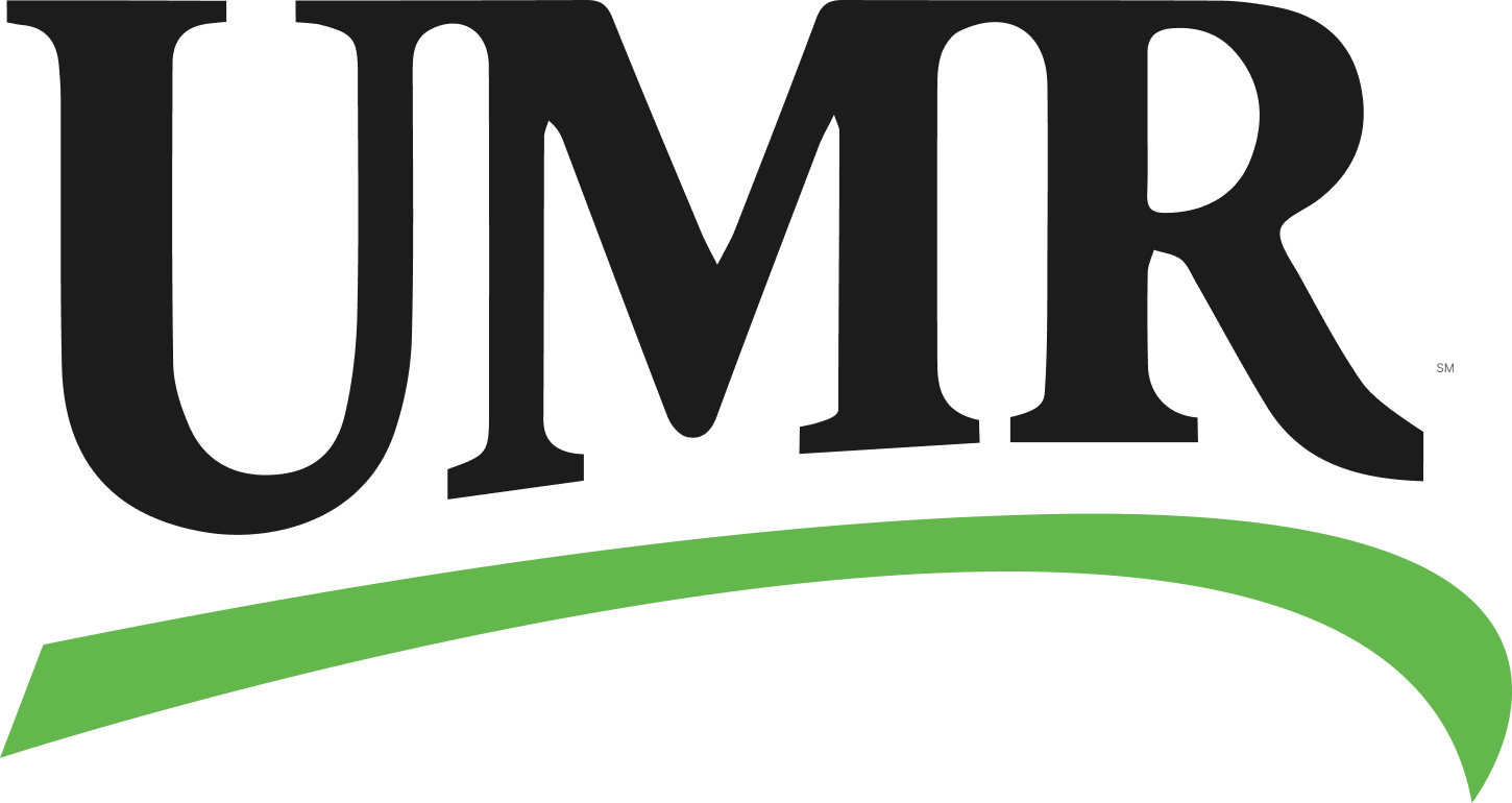 UMR Logo: Bold black letters with a curved green line underneath. UMR Insurance company logo.