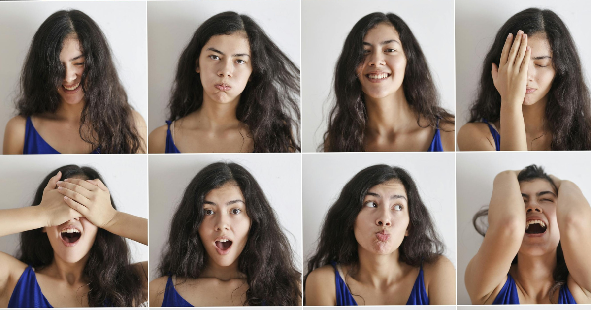 Young woman showing different mood disorder expressions; happy, sad, angry, surprised, and substance-induced mood disorder.