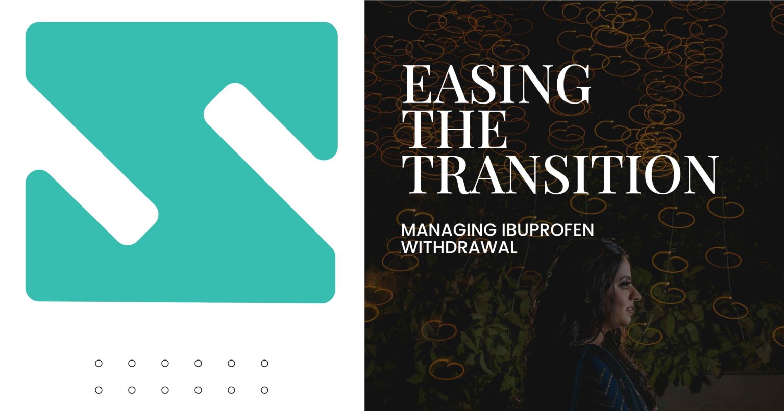 Easing Ibuprofen Withdrawal: Woman's profile with decorative lights, beside a teal logo. Learn to manage ibuprofen withdrawal symptoms.