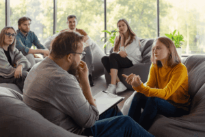 Group therapy session for depression & anxiety, facilitated by a therapist. Mental health support and counseling.