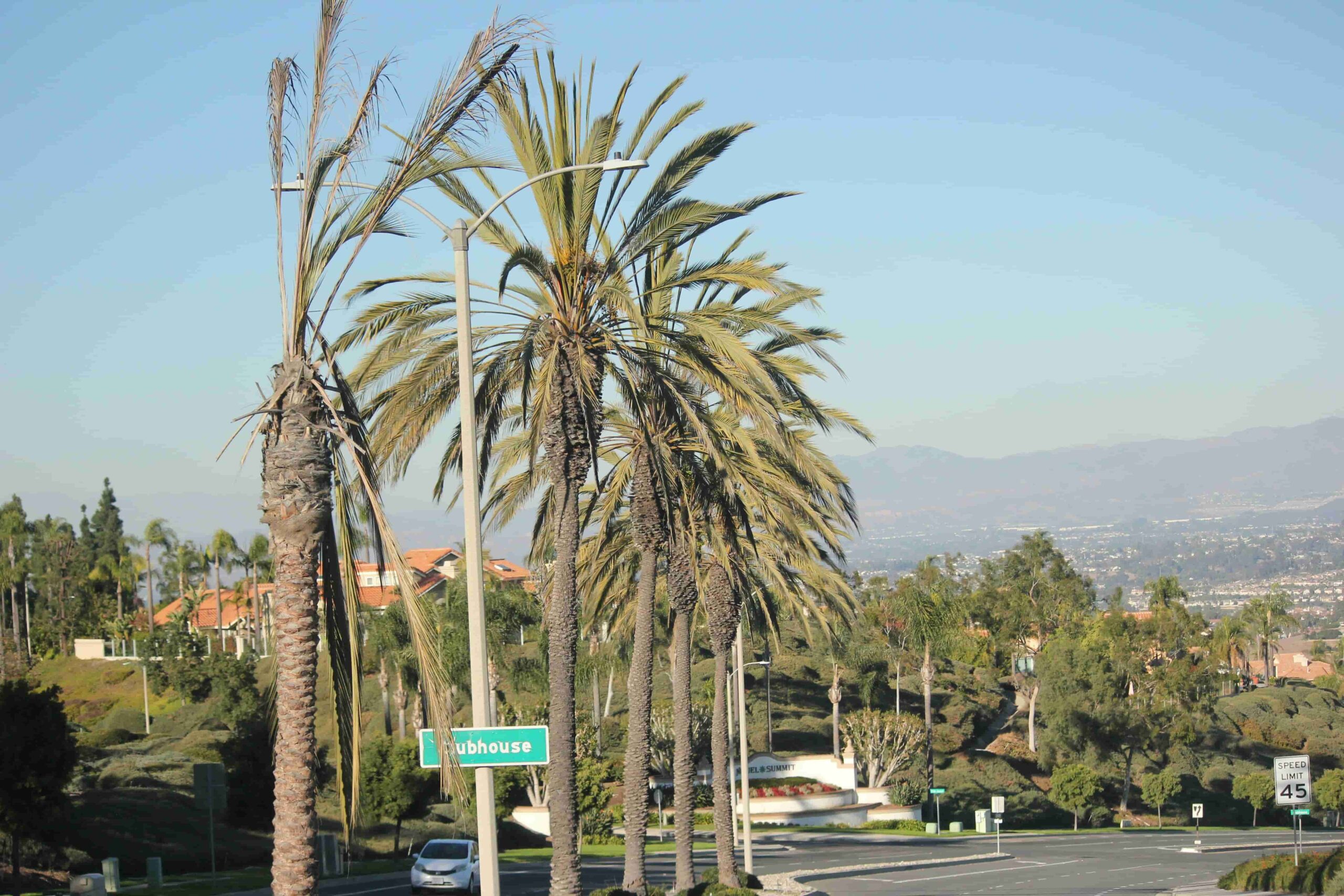 A neighborhood street with views of nearby hills in Aliso Viejo, CA.