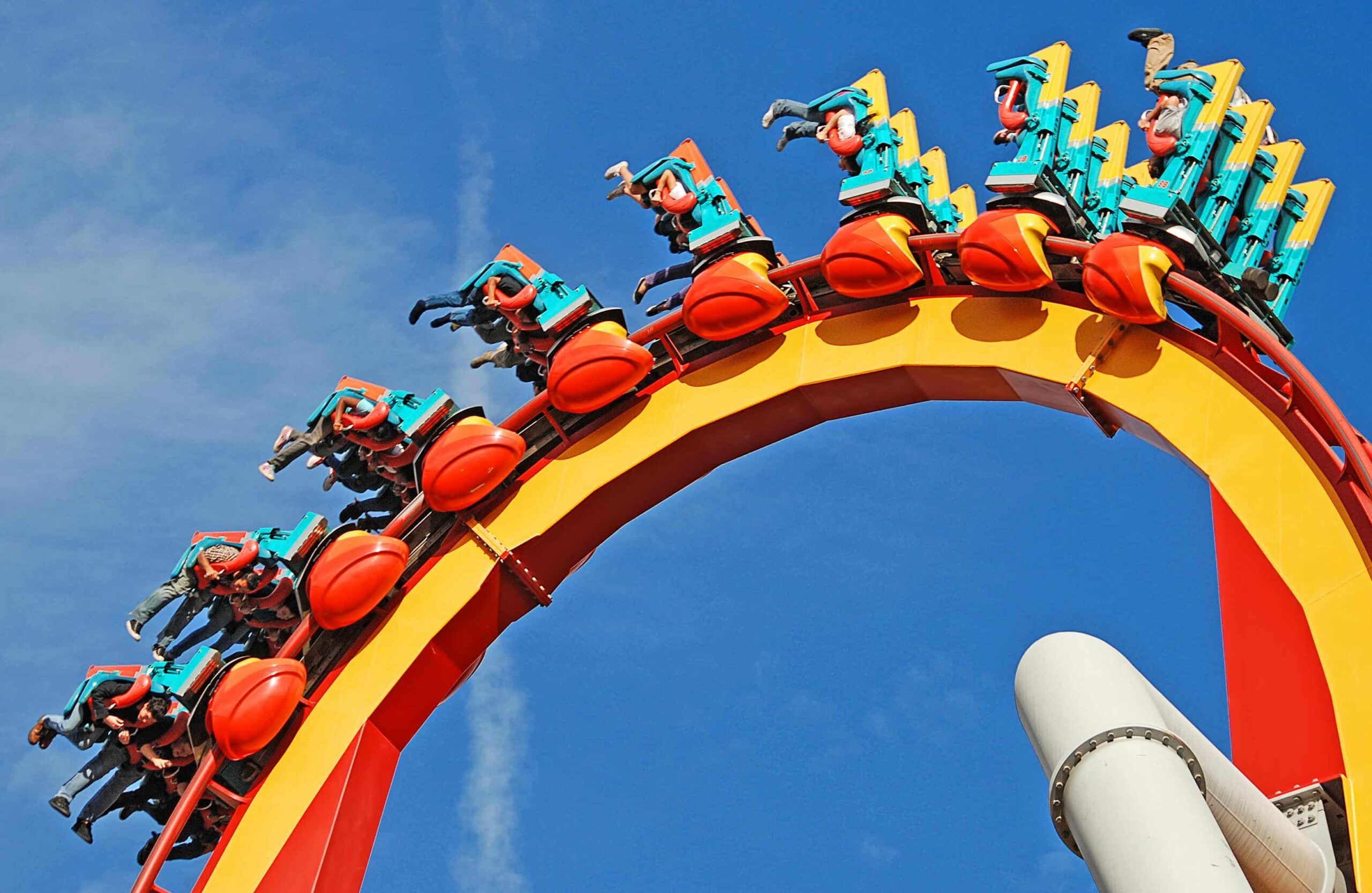 People enjoying a roller coaster at Knott's Berry Farm in Buena Park, CA.