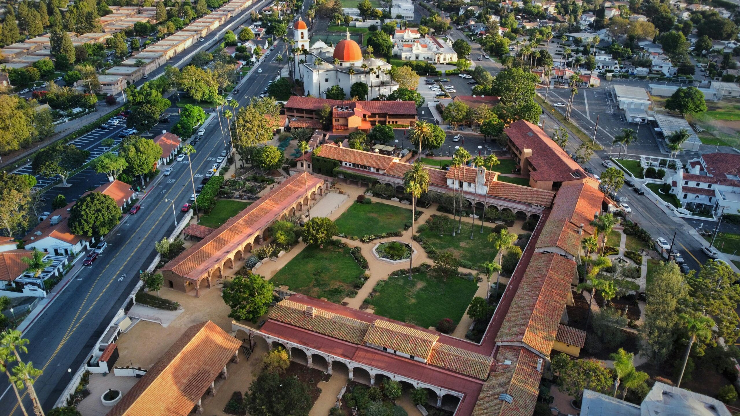Aerial view of the historic mission in downtown San Juan Capistrano, CA