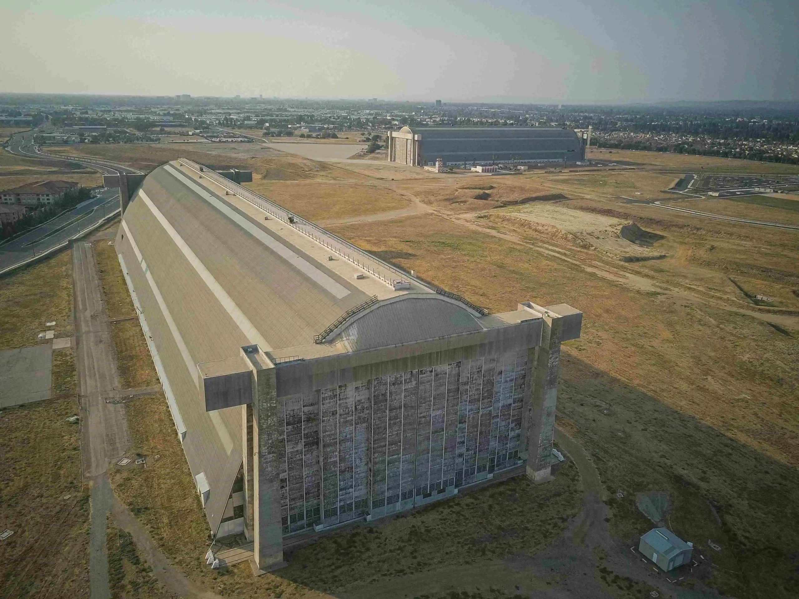 An old aircraft hanger seen from a bird's eye view in Tustin, CA.