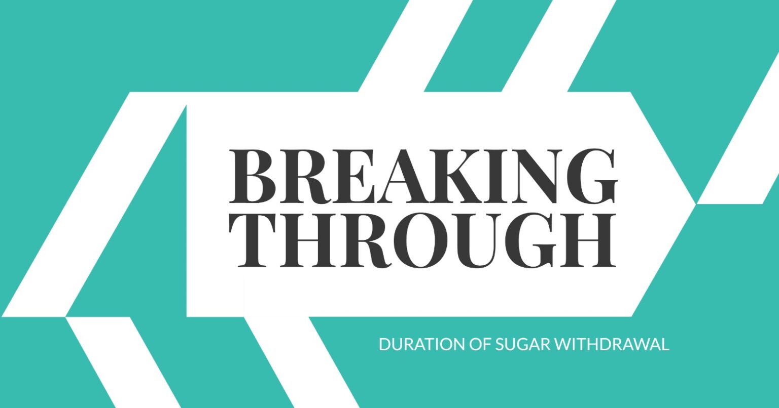Breaking Through: Duration of Sugar Withdrawal. Teal background with white geometric shapes and bold text.