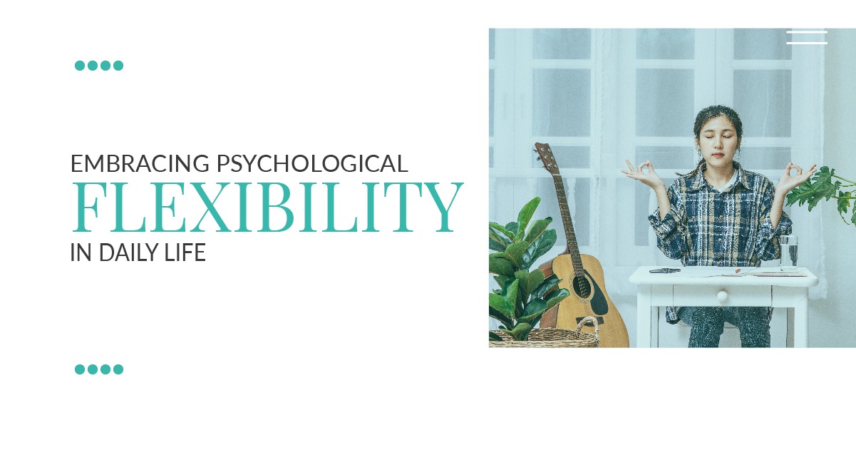 Woman practicing mindfulness meditation at a desk with guitar and plants, representing psychological flexibility in daily life.