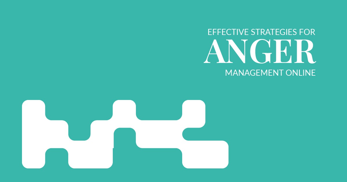 Abstract teal graphic with text highlighting effective strategies for online anger management.
