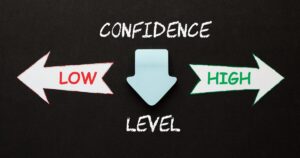 Chalkboard graphic showing 'CONFIDENCE LEVEL' with a red 'LOW' left arrow, a blue downward arrow, and a green 'HIGH' right arrow.