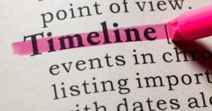 Close-up of a printed page with the word Timeline highlighted in pink by a pink marker.