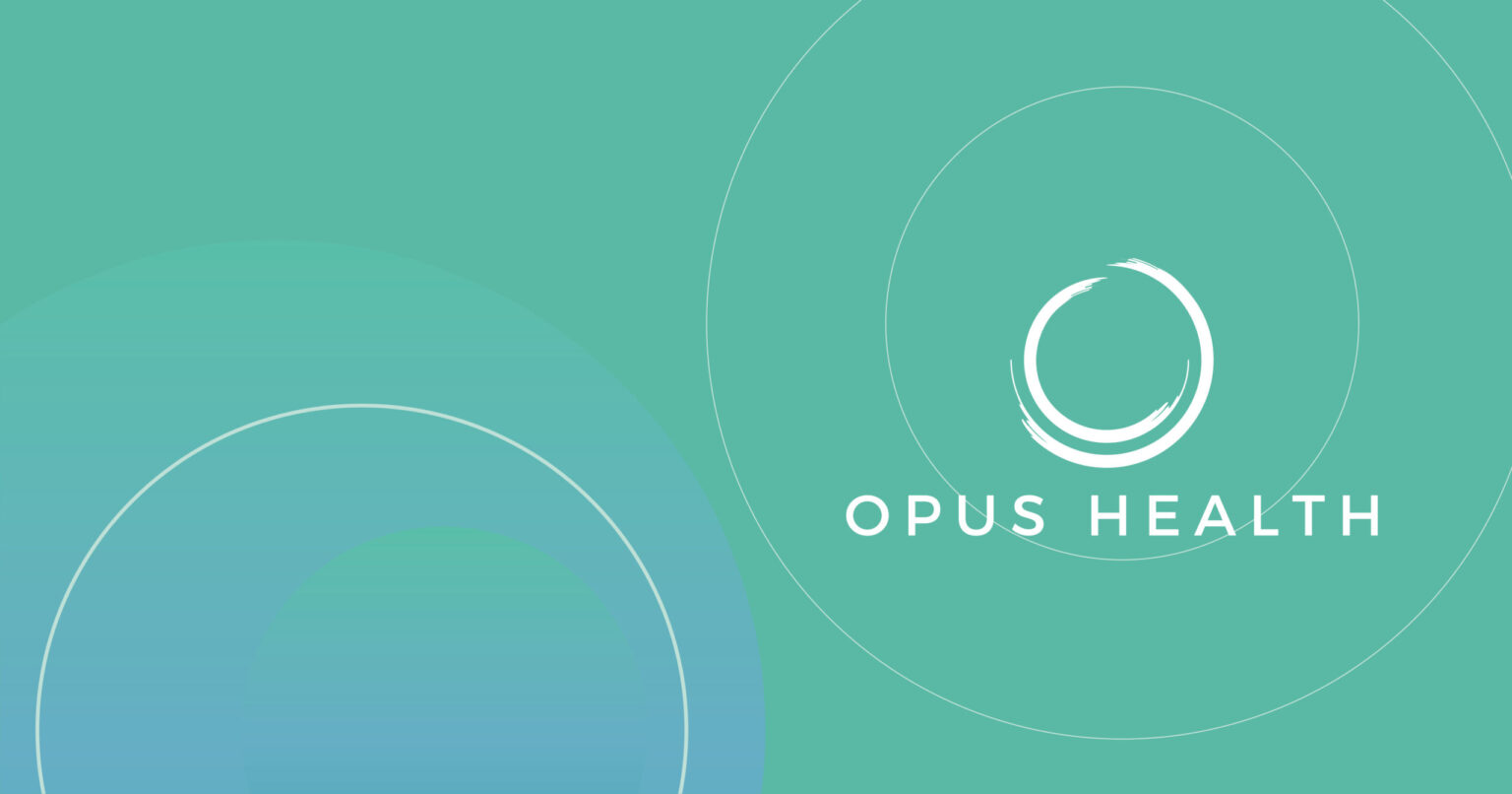 Opus Health logo on a teal background featuring a white circular brushstroke above the text 'OPUS HEALTH'.