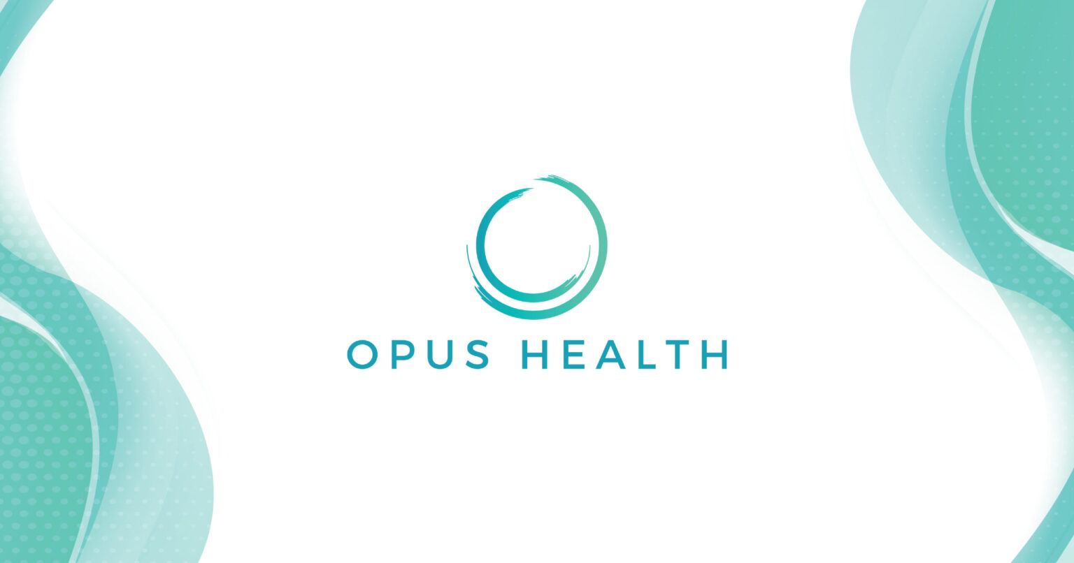 Opus Health branding: teal circular brush mark above the text OPUS HEALTH on a turquoise abstract background.