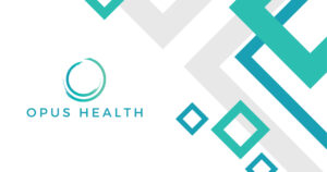 Opus Health logo on a white background with a teal circular brush mark and teal/gray diagonal geometric shapes in the design.
