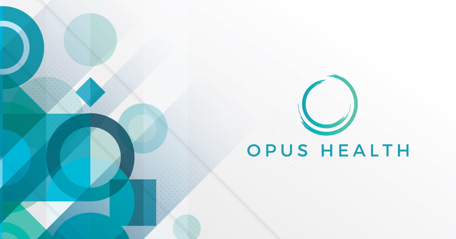 Abstract teal and blue geometric background with the Opus Health logo and name on the right side.