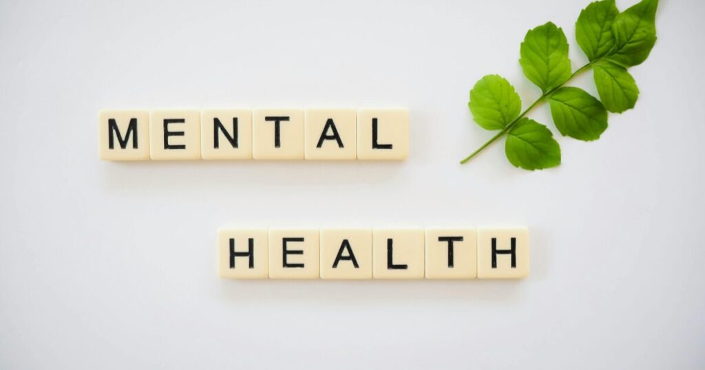 Mental health spelled with letter tiles and a sprig of green leaves to the right, symbolizing wellness.