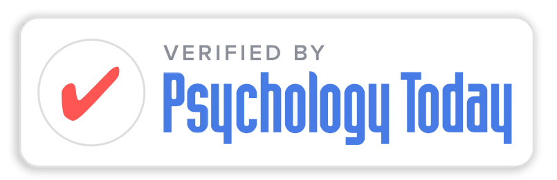 Verified by Psychology Today badge with a red checkmark inside a circle on a white rounded rectangle background
