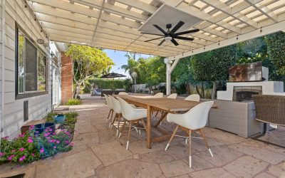 Outdoor patio with pergola, dining table, fireplace, and seating area for backyard entertaining and relaxation in Santa Ana.