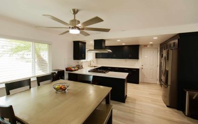 Spacious kitchen and dining area featuring black cabinets, stainless steel appliances, and modern design. LP facilities tour.