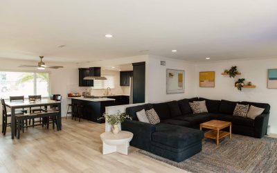 CariHouse living facilities with modern kitchen, dining table, and comfortable sectional sofa. LP tour of facilities.