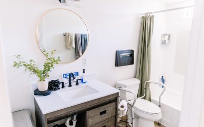 Accessible bathroom interior with vanity, round mirror, toilet with grab bars, and shower with curtain.