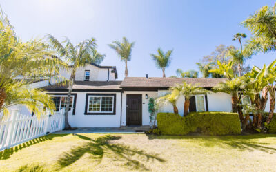 Beautiful California home with white exterior, dark trim, palm trees, and green lawn on a sunny day. Real estate photography.