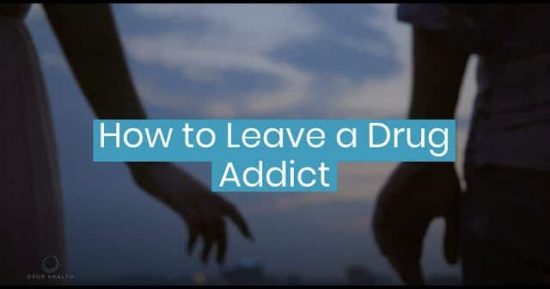 Two blurry bodies standing next to each other, one of them is turning away from the other. With text" How to Leave a Drug Addict? "